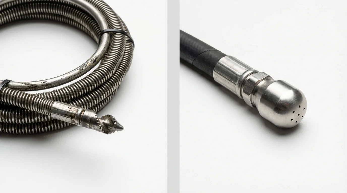 Drain snake cable and hydro jetting nozzle used for drain cleaning in Oneonta, NY