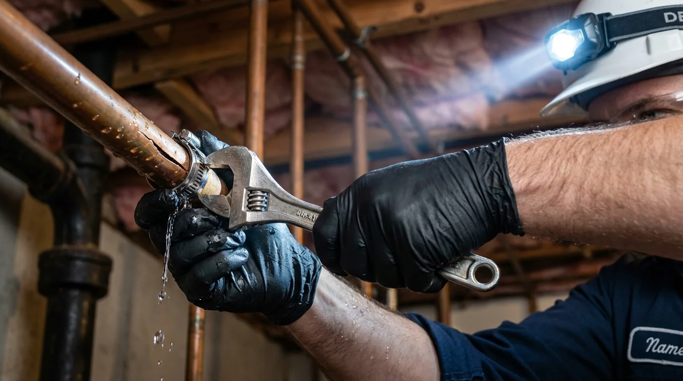 Emergency pipe clamp repair being performed by a Johns Plumbing LLC plumber in Oneonta