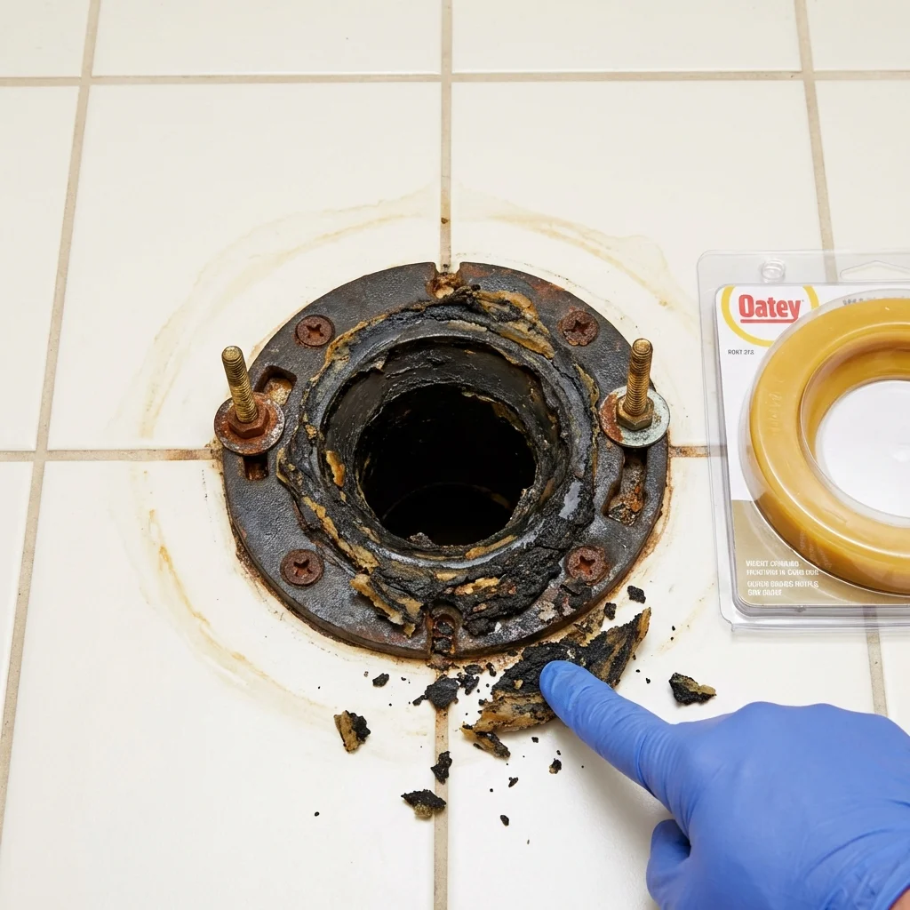 Failed wax ring showing water seepage at the base of a toilet in a Oneonta, NY home